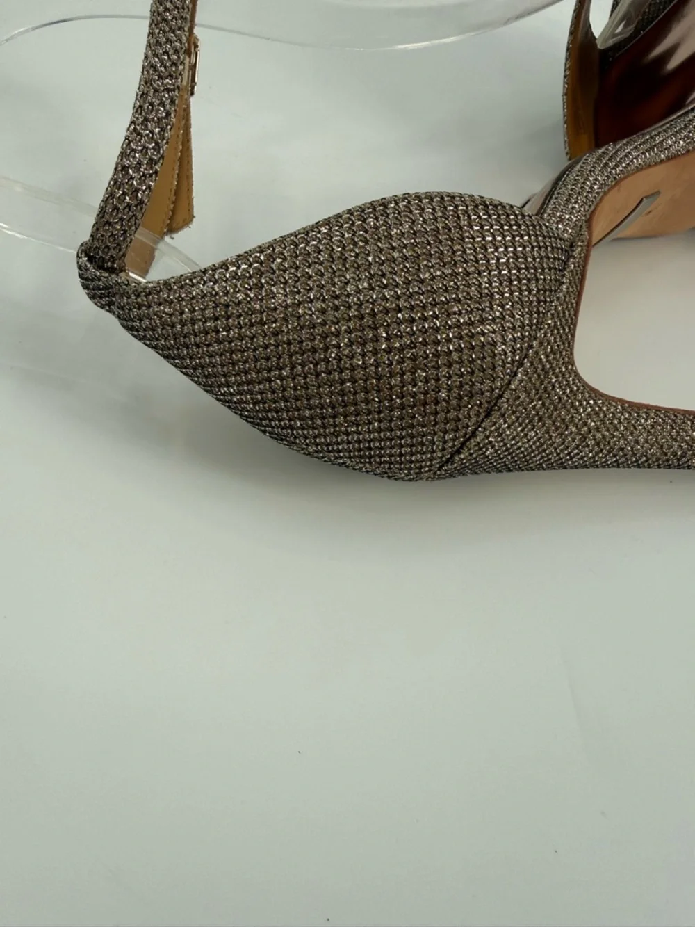 Badgley Mischka Gold Glitter Platform Stiletto Heels Ankle Strap Evening SZ 9